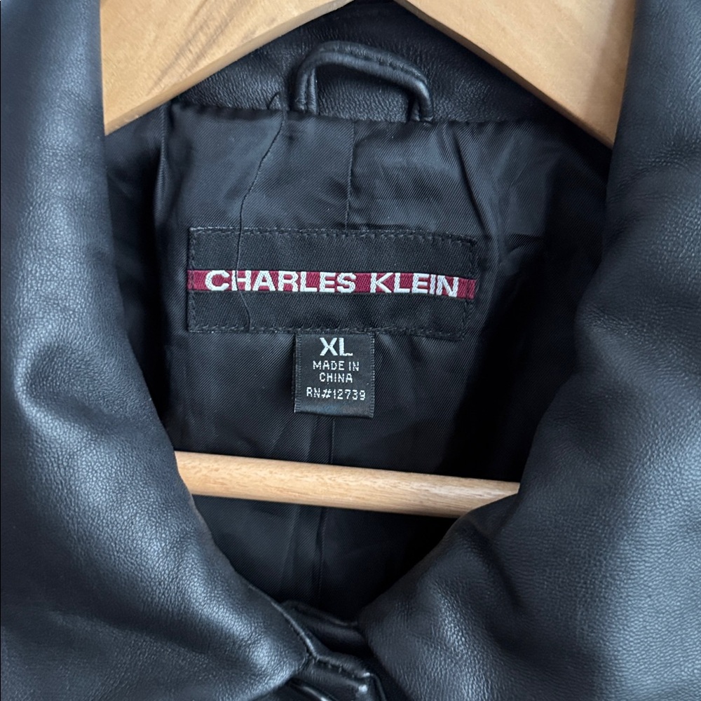 Charles Klein Black Leather Trench Coat Jacket Women's XL Collared Button Up 90s - Picture 3 of 7